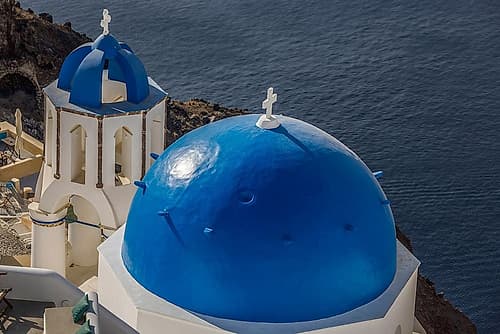 Blue Domes, Santorini, Greece Art Print by John Ford